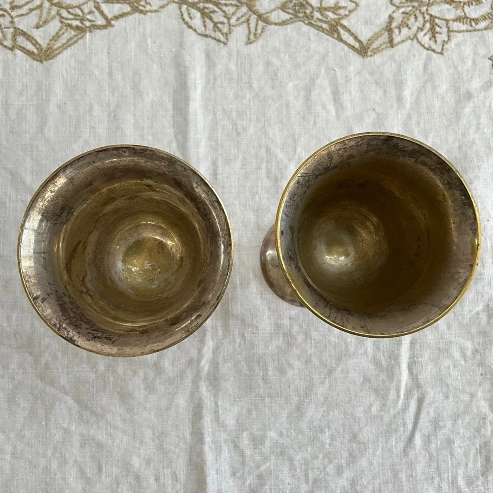 Vintage Silver Plated Brass Goblets Set of 2‎ Patinated Wine Chalices 7 Inch